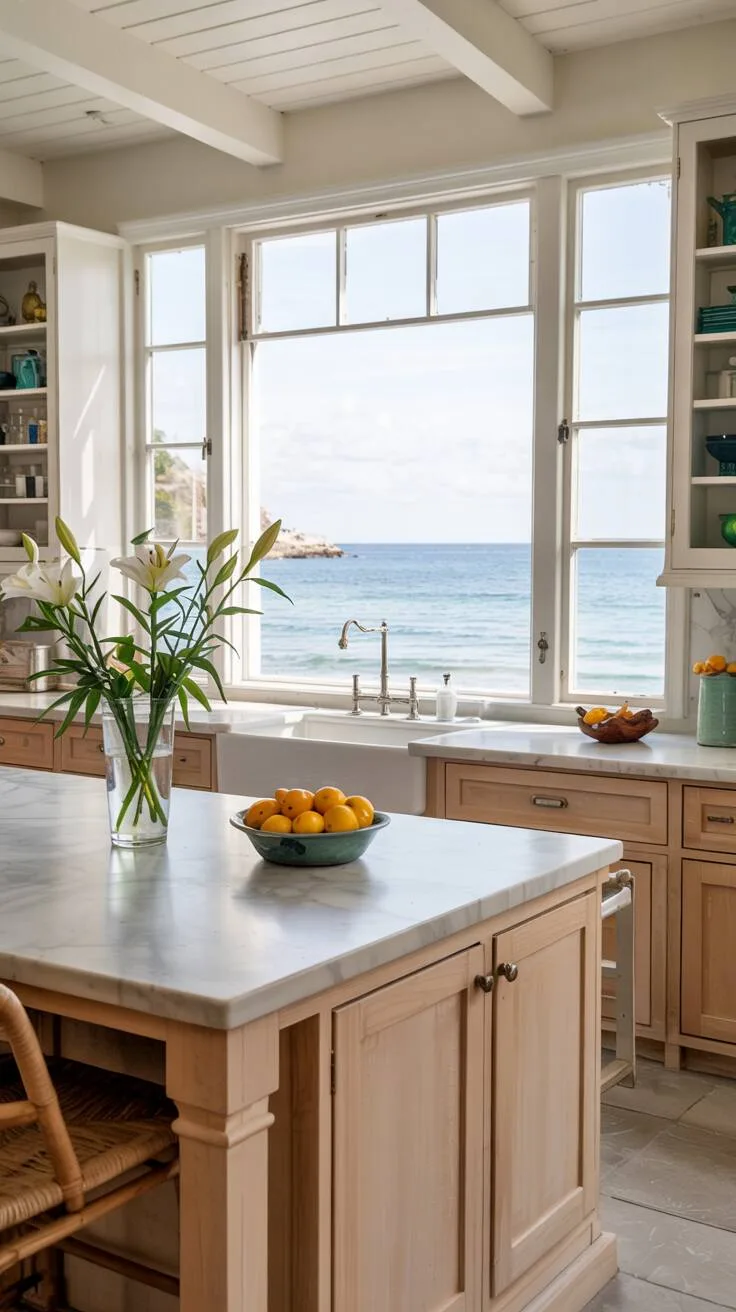 19 Gorgeous Coastal Kitchen Ideas You'll Love Instantly 12 Coastal kitchen with white marble island, panoramic window overlooking turquoise ocean and beach, light oak cabinets and stainless appliances