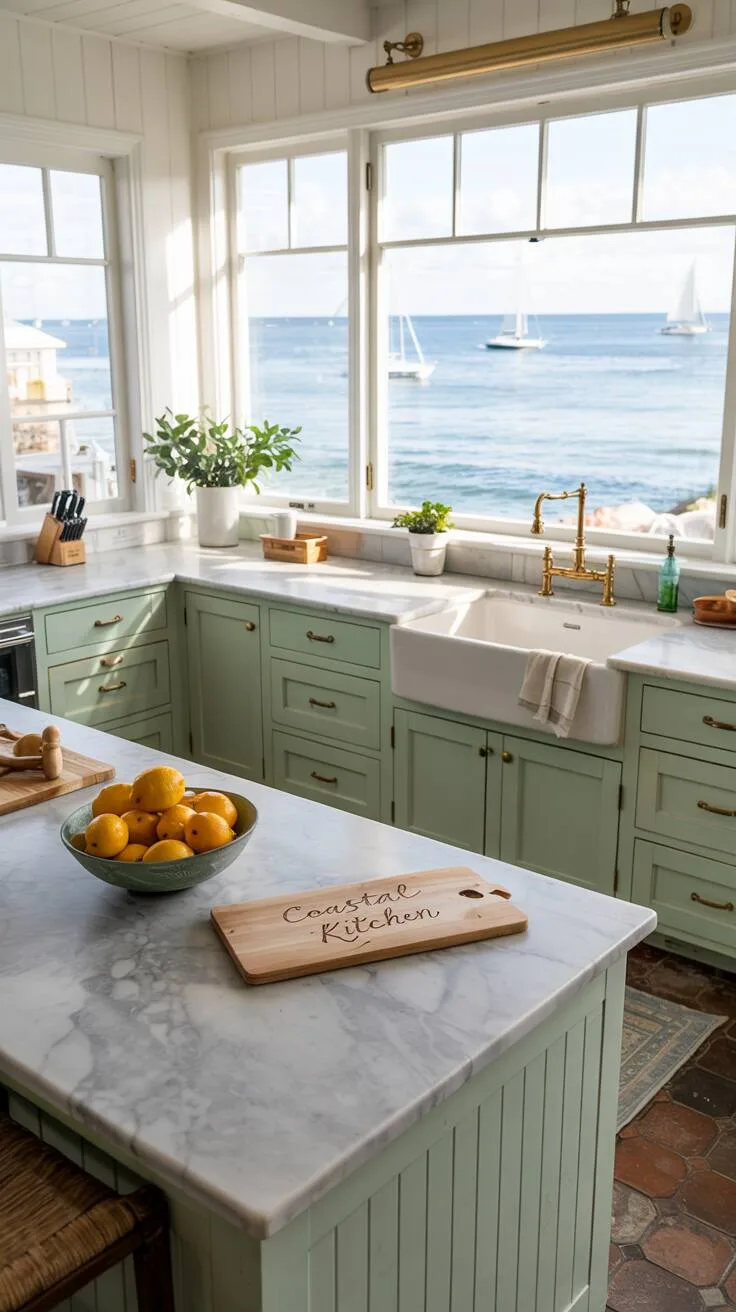19 Gorgeous Coastal Kitchen Ideas You'll Love Instantly 13 Coastal kitchen with seafoam green cabinetry, brass hardware, marble island with lemons and "Coastal Kitchen" cutting board, large windows with ocean and sailboat view