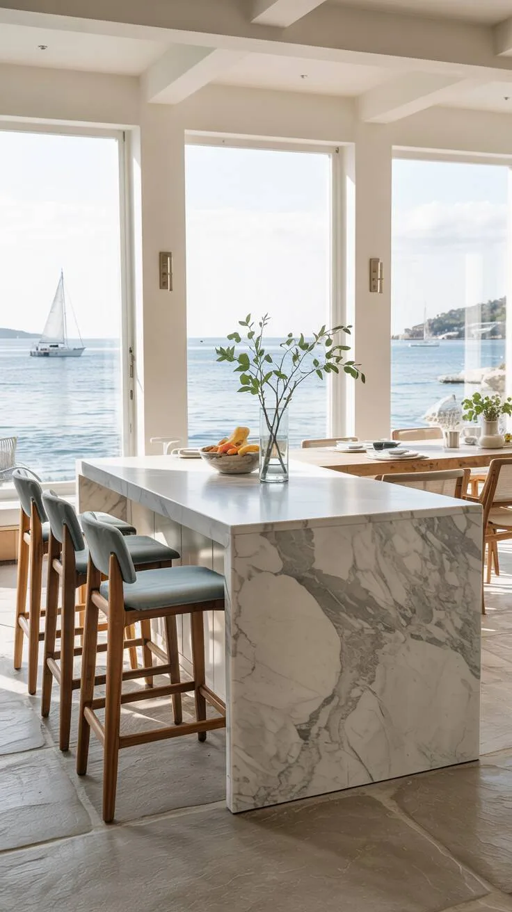 19 Gorgeous Coastal Kitchen Ideas You'll Love Instantly 14 Coastal kitchen design with large Carrara marble island, light blue linen barstools, panoramic ocean view with sailboats, and rustic wooden dining table