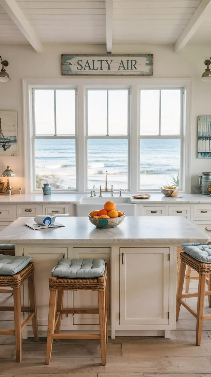 19 Gorgeous Coastal Kitchen Ideas You'll Love Instantly 15 Bright coastal kitchen with white marble island, blue cushioned woven barstools, "Salty Air" sign, large windows showing ocean waves on sandy beach