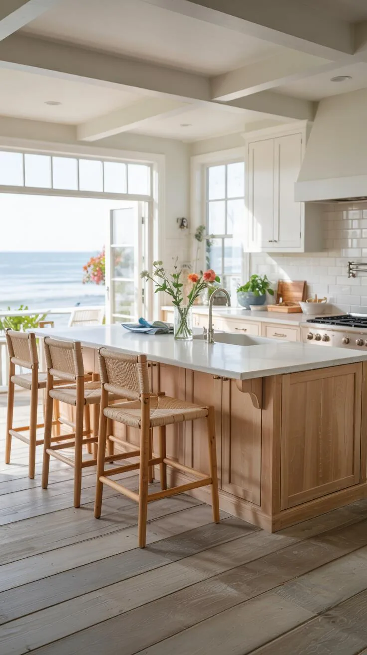 19 Gorgeous Coastal Kitchen Ideas You'll Love Instantly 16 Bright coastal kitchen featuring island with white quartz countertop, woven barstools, wildflowers, white cabinets, pale blue backsplash and wide-plank light wood floors