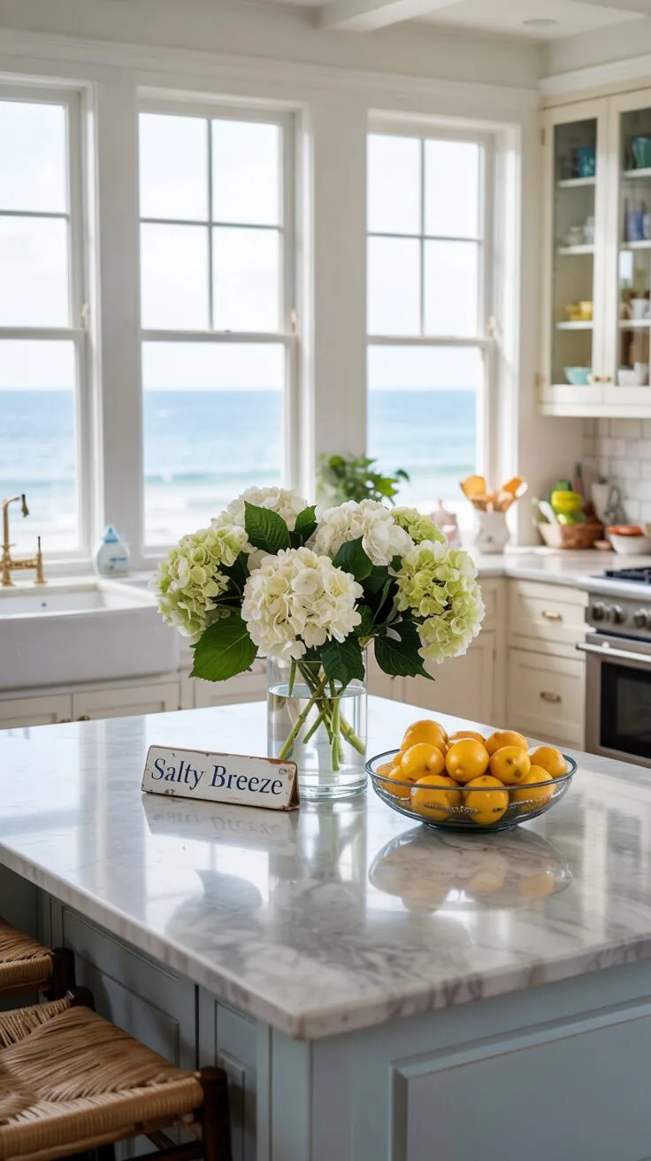 19 Gorgeous Coastal Kitchen Ideas You'll Love Instantly 17 Bright coastal kitchen with Carrara marble island featuring hydrangeas, lemons, and "Salty Breeze" sign, large windows with turquoise ocean view, white cabinets and gray tile