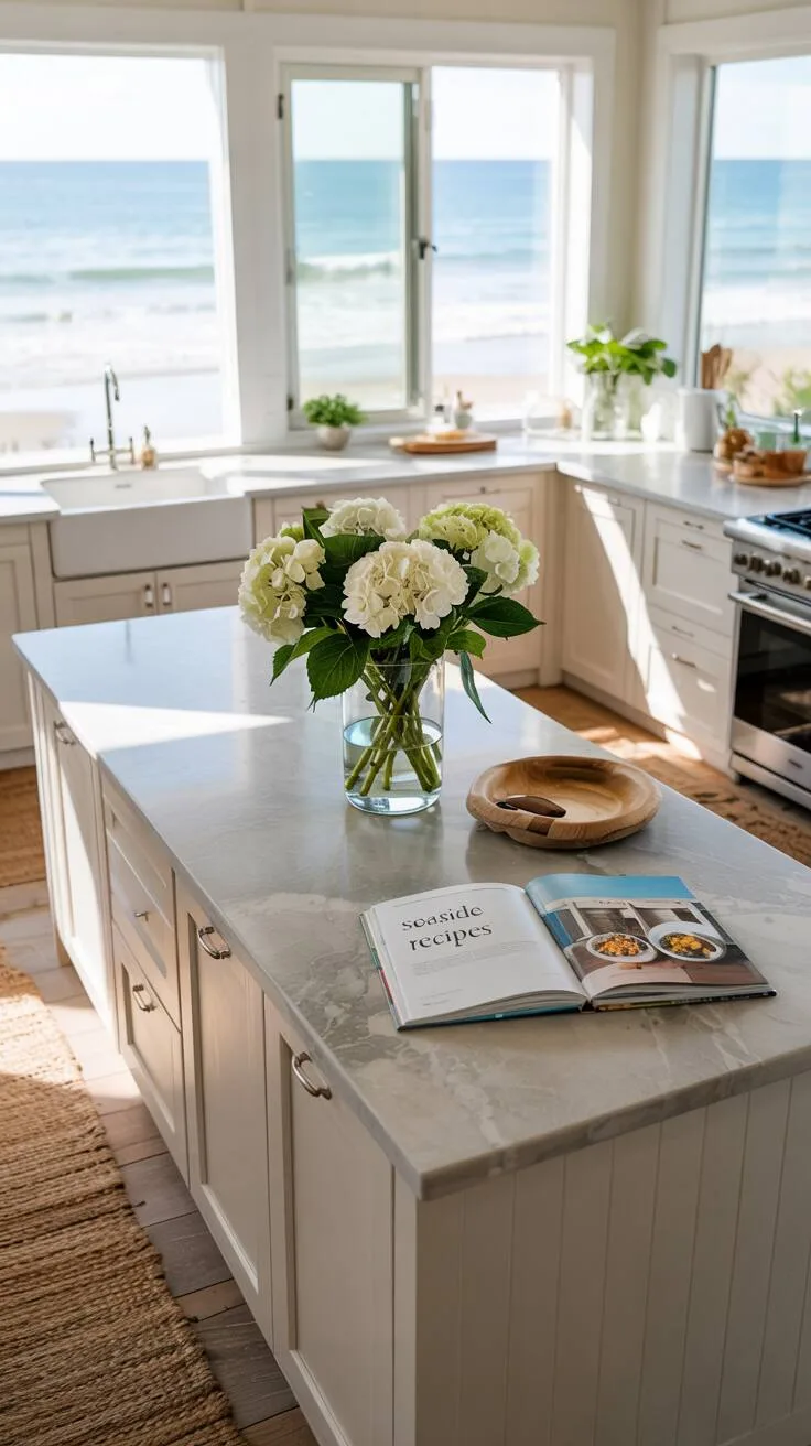 19 Gorgeous Coastal Kitchen Ideas You'll Love Instantly 18 Modern coastal kitchen with gray quartz island, white hydrangeas, "Seaside Recipes" cookbook, large windows showing turquoise ocean, white cabinets and light wooden floors