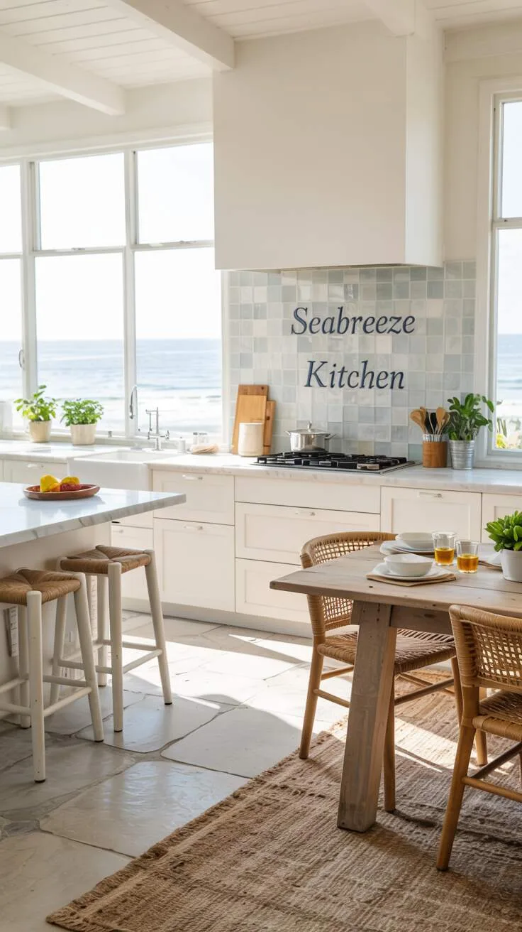 19 Gorgeous Coastal Kitchen Ideas You'll Love Instantly 19 Bright coastal kitchen with panoramic ocean view, white cabinets, marble island with barstools, pale blue tile backsplash spelling "Seabreeze Kitchen" in script