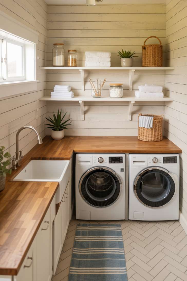 White shiplap laundry room with butcher block countertop and coastal accents