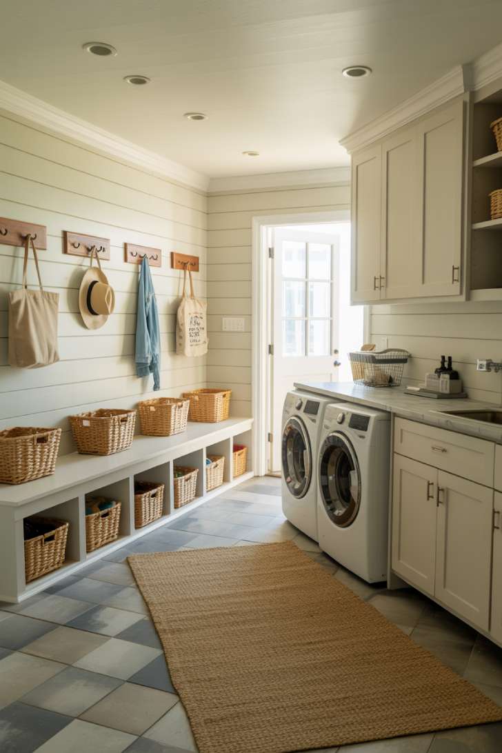 Coastal mudroom laundry room combination with shiplap walls, built-in bench, and woven storage baskets