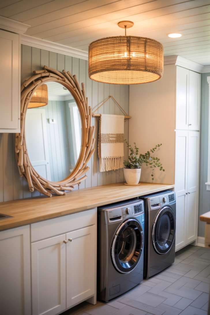 Driftwood mirror and rattan pendant light coastal laundry room with herringbone tile floor and blue-gray wall