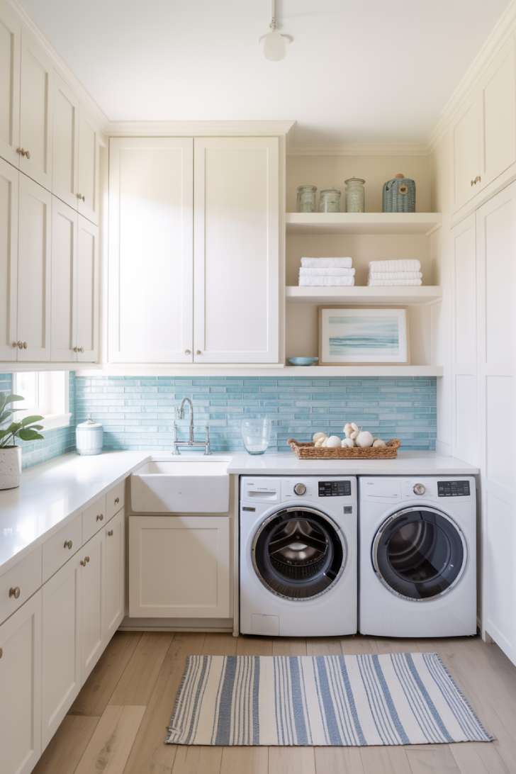 All-white coastal laundry room with soft blue glass tile backsplash, white oak floor, and striped cotton rug