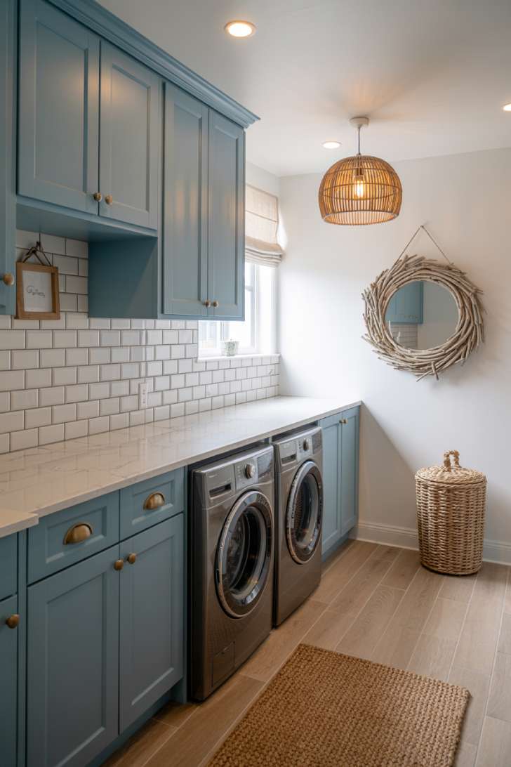 Powder blue shaker cabinet laundry room with brass hardware and white quartz countertop