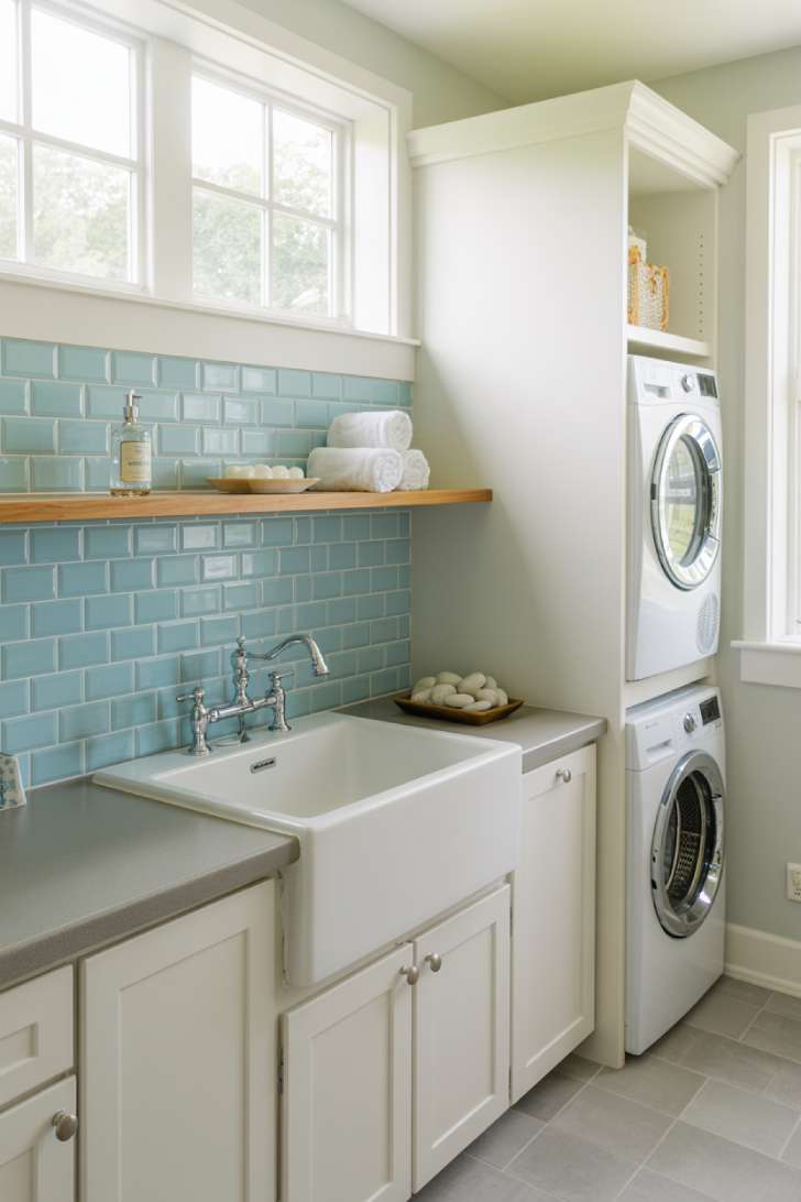 Pale blue subway tile backsplash laundry room with white trough sink and stacked washer dryer