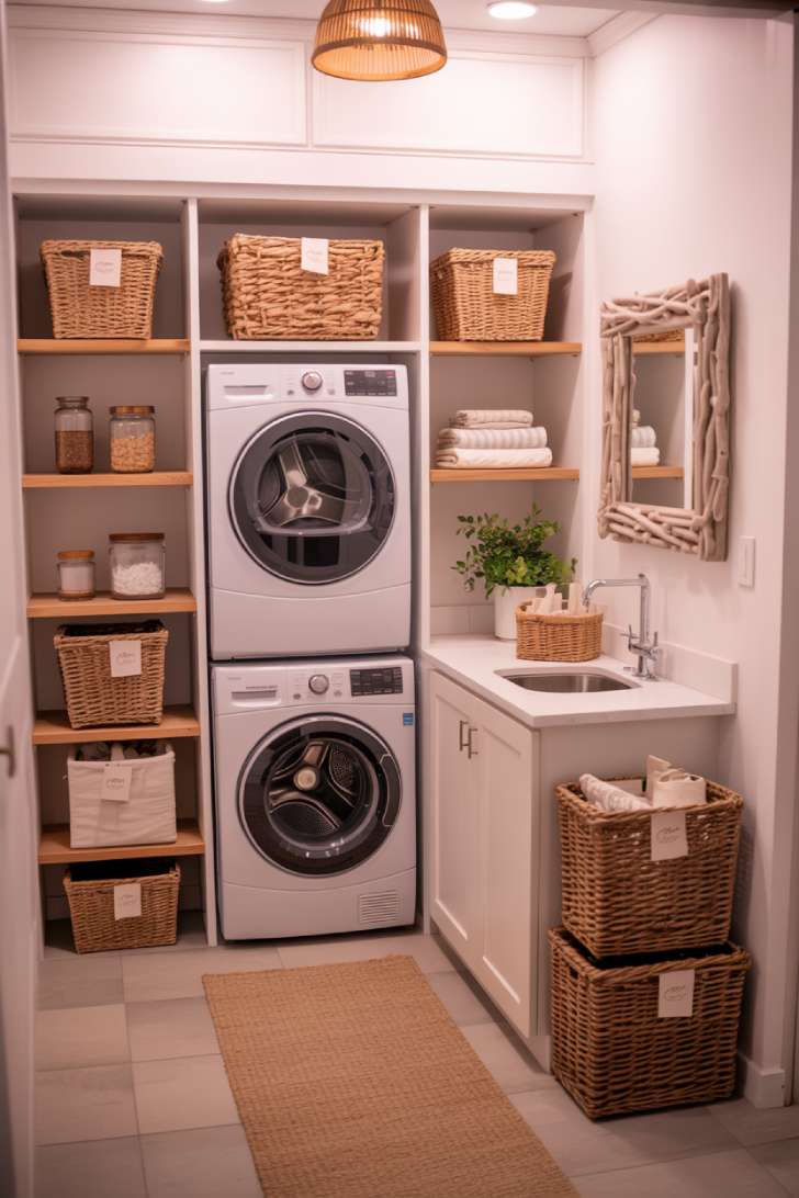 Stacked washer dryer laundry room with open rattan basket shelving and coastal decor