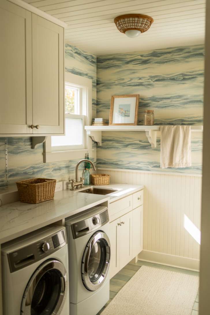 Wave pattern wallpaper coastal laundry room with white shaker cabinets and rattan light fixture