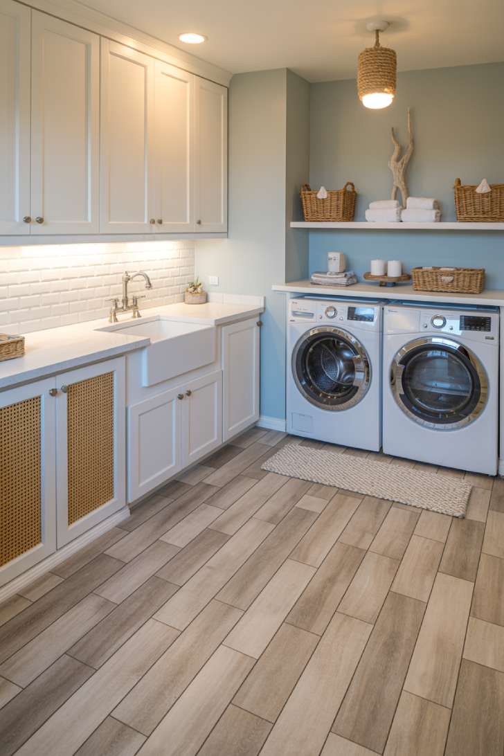Driftwood herringbone floor coastal laundry room with blue-gray accent wall and rattan cabinet panels