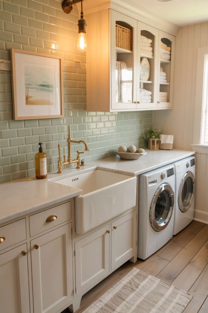White farmhouse sink coastal laundry room with sage green backsplash and aged brass fixtures