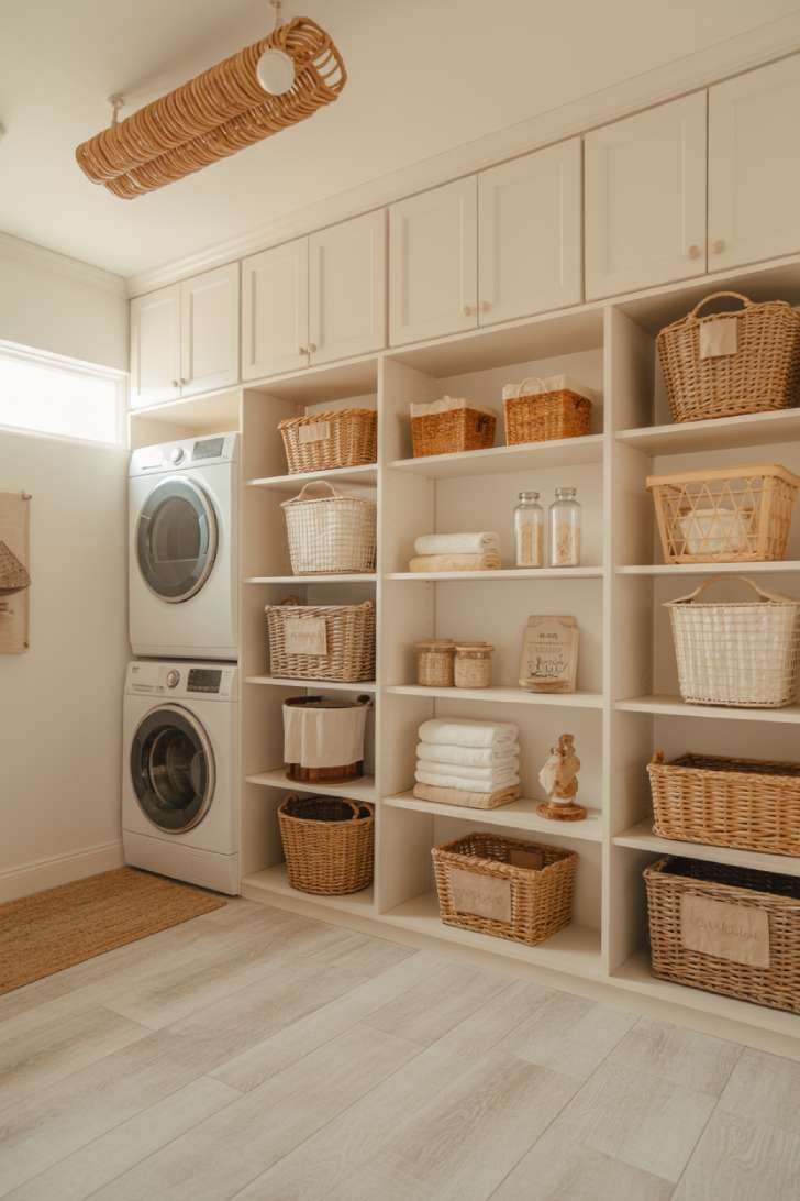 Open shelving coastal laundry room with woven seagrass and rattan storage baskets and linen towels