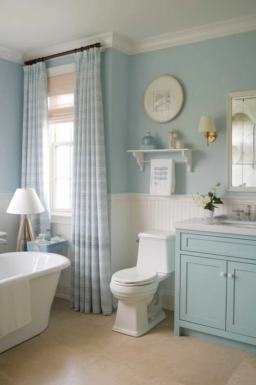 14 Light Blue Bathroom Ideas to Inspire Your Space 8 A light blue bathroom featuring white fixtures and coastal decor.
