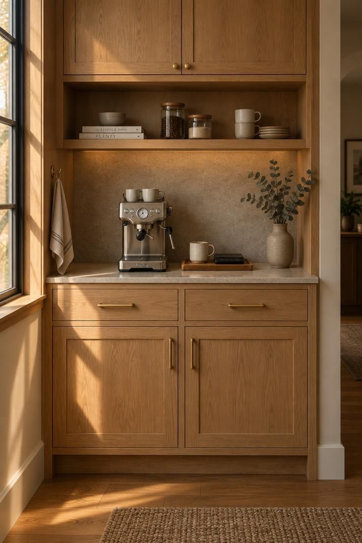 A built-in home coffee bar with warm white oak cabinets, a honed stone counter, a compact espresso machine, and a small wooden tray holding a mug and scale, lit by warm golden afternoon light.