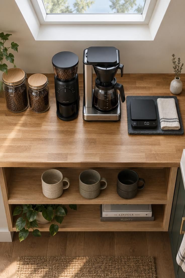 An overhead view of a small home coffee station on a butcher block counter, with canisters, a grinder, a drip brewer, a tray with a scale, and mugs on an open shelf below.