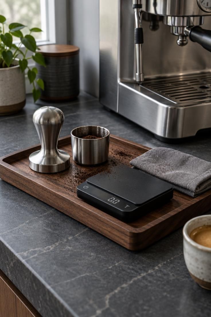 A close-up of a reserved coffee station landing space on a honed soapstone counter beside an espresso machine, defined by a walnut tray holding a tamper, dosing cup, digital scale, and folded linen cloth.