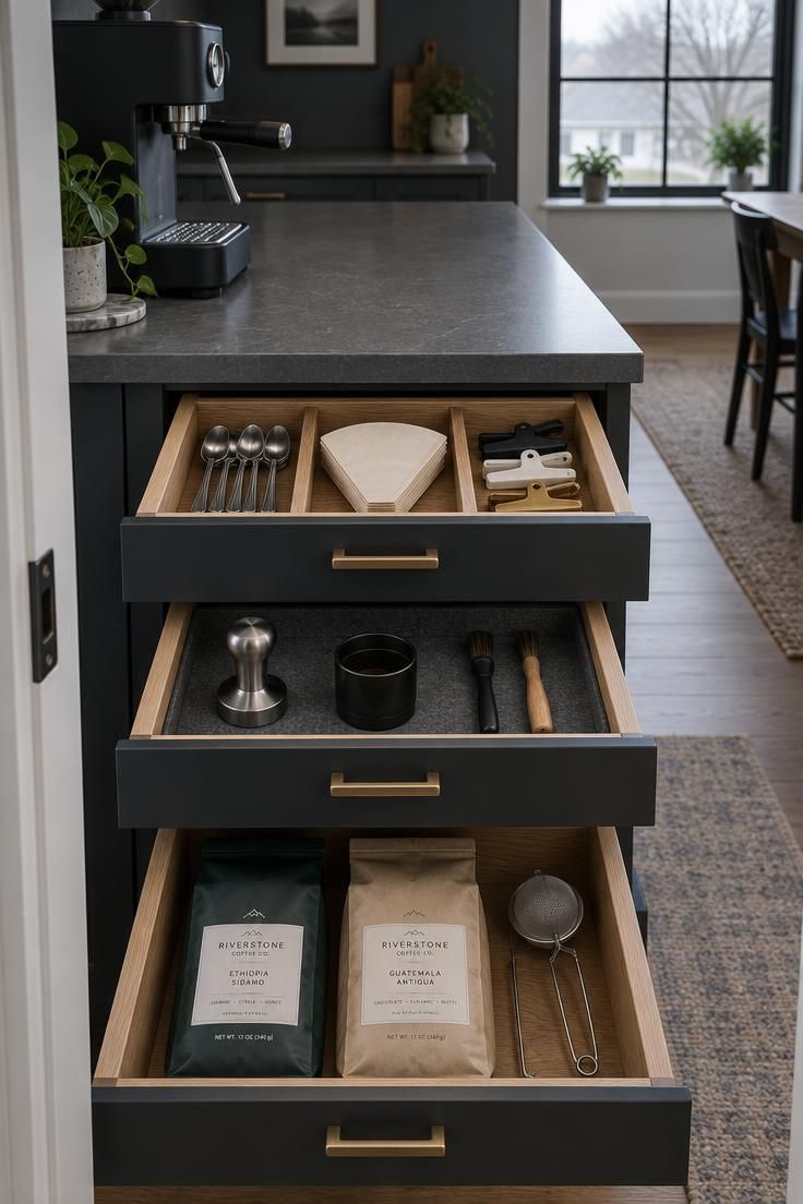 Open drawers below a home coffee bar showing dividers with spoons and filters, a middle drawer with a tamper and brushes, and a deep lower drawer with bags of beans.