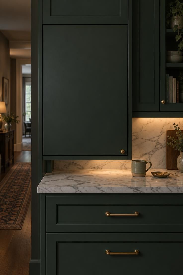 A closed deep green appliance garage door with a brass knob in a kitchen cabinet run, with under-cabinet light falling on open marble counter and a ceramic mug.