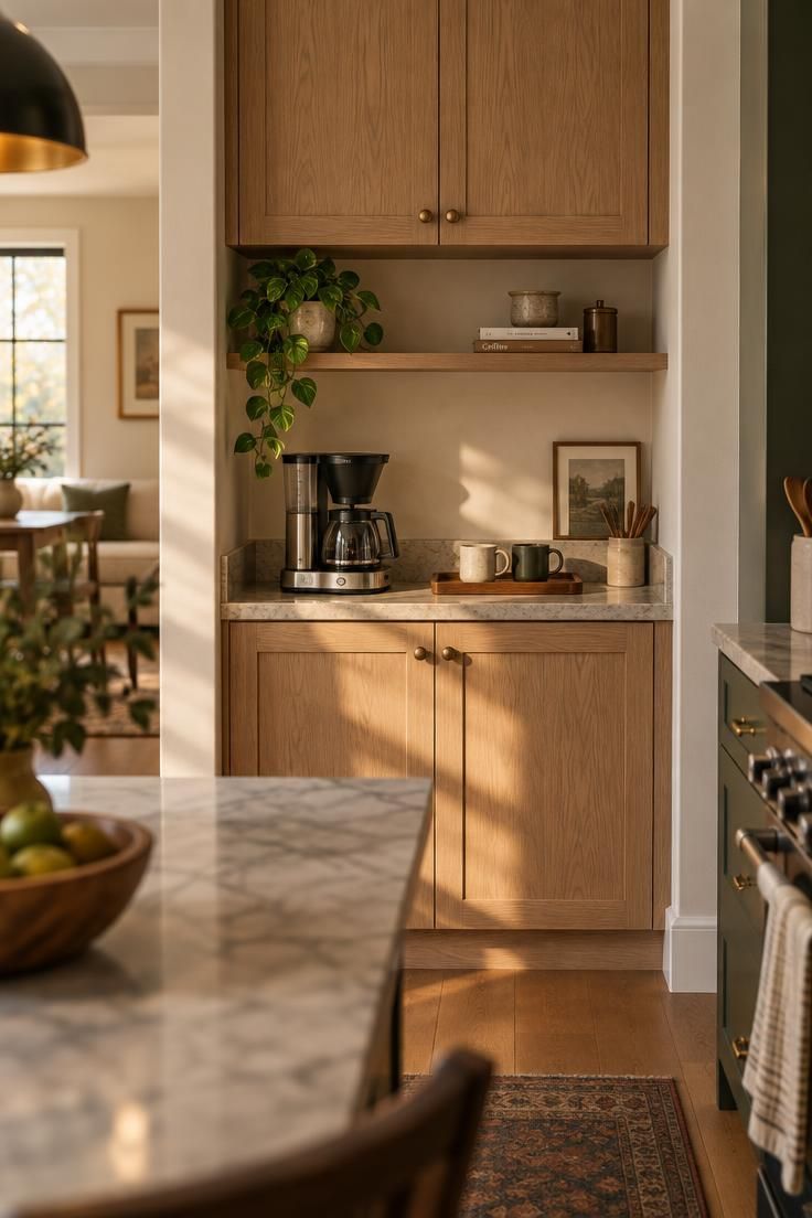 A home coffee station set into a pantry alcove with a stone counter, drip brewer, wooden tray with mugs, and white oak cabinets above, lit by warm late afternoon light.