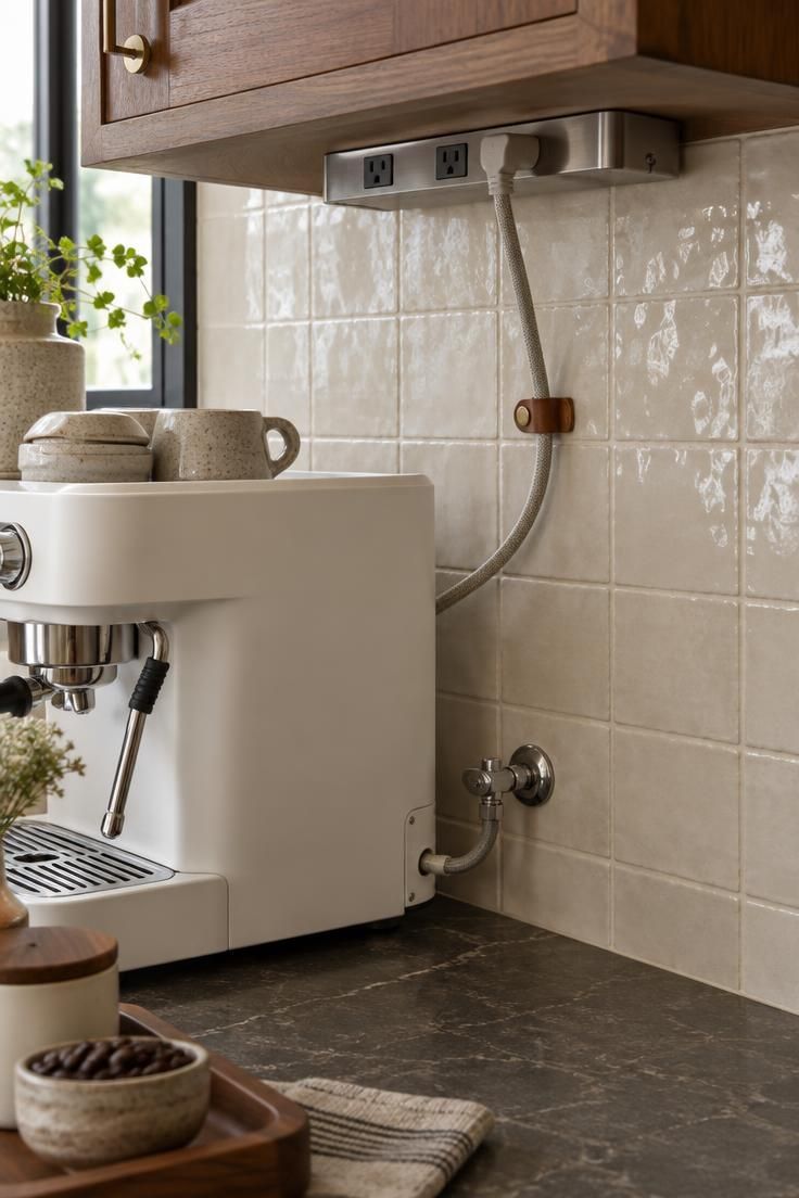 A close-up of a coffee bar counter edge with an ivory zellige backsplash, an under-cabinet outlet strip, a braided power cord to a white espresso machine, and a visible water line connection at the wall behind the machine.