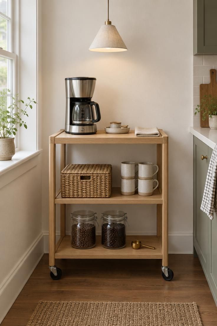 A compact white oak rolling coffee cart in a small kitchen with a drip brewer, mug tray, woven basket, mugs, jars of beans, and a low pendant light above.
