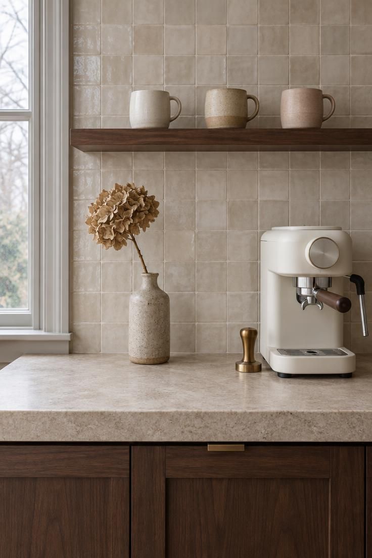 A home coffee bar with a honed limestone counter, warm ivory zellige-look backsplash, walnut shelf with three ceramic mugs, and a matte off-white espresso machine.