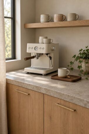 A home coffee bar with a matte off-white espresso machine on a honed stone counter, a walnut tray with a mug, closed oak cabinets, an open shelf with ceramic mugs, and soft morning window light.