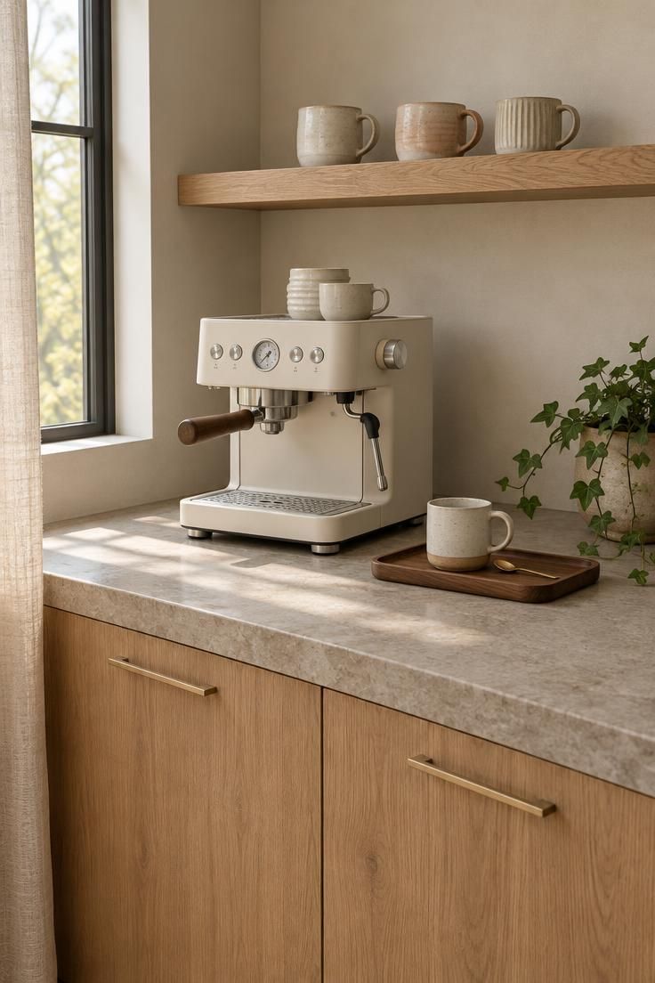 A home coffee bar with a matte off-white espresso machine on a honed stone counter, a walnut tray with a mug, closed oak cabinets, an open shelf with ceramic mugs, and soft morning window light.