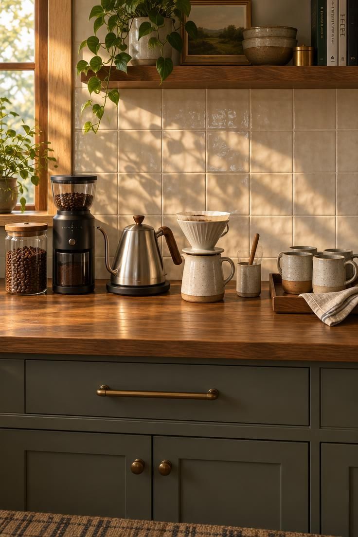 Home kitchen counter coffee station arranged left to right as a daily sequence, from a bean canister and grinder to a kettle and pour-over brewer to three mugs on a walnut tray in warm golden light.