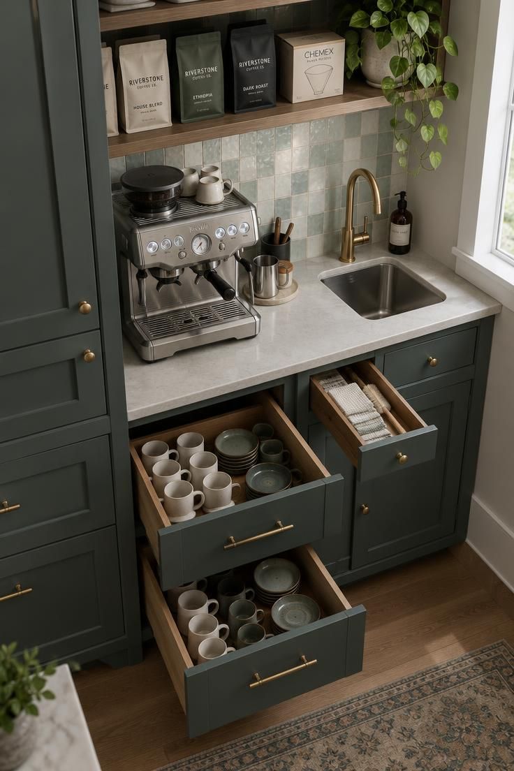 Overhead view of a butler's pantry coffee zone with pullout drawers of mugs, open shelves of coffee bags and filters, an espresso machine, and a small sink against pale zellige tile.