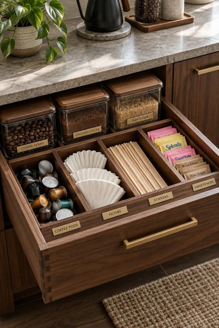 Close-up of an open coffee cabinet drawer with labeled compartments holding pods, filters, stirrers, and sweeteners beneath a stone counter.