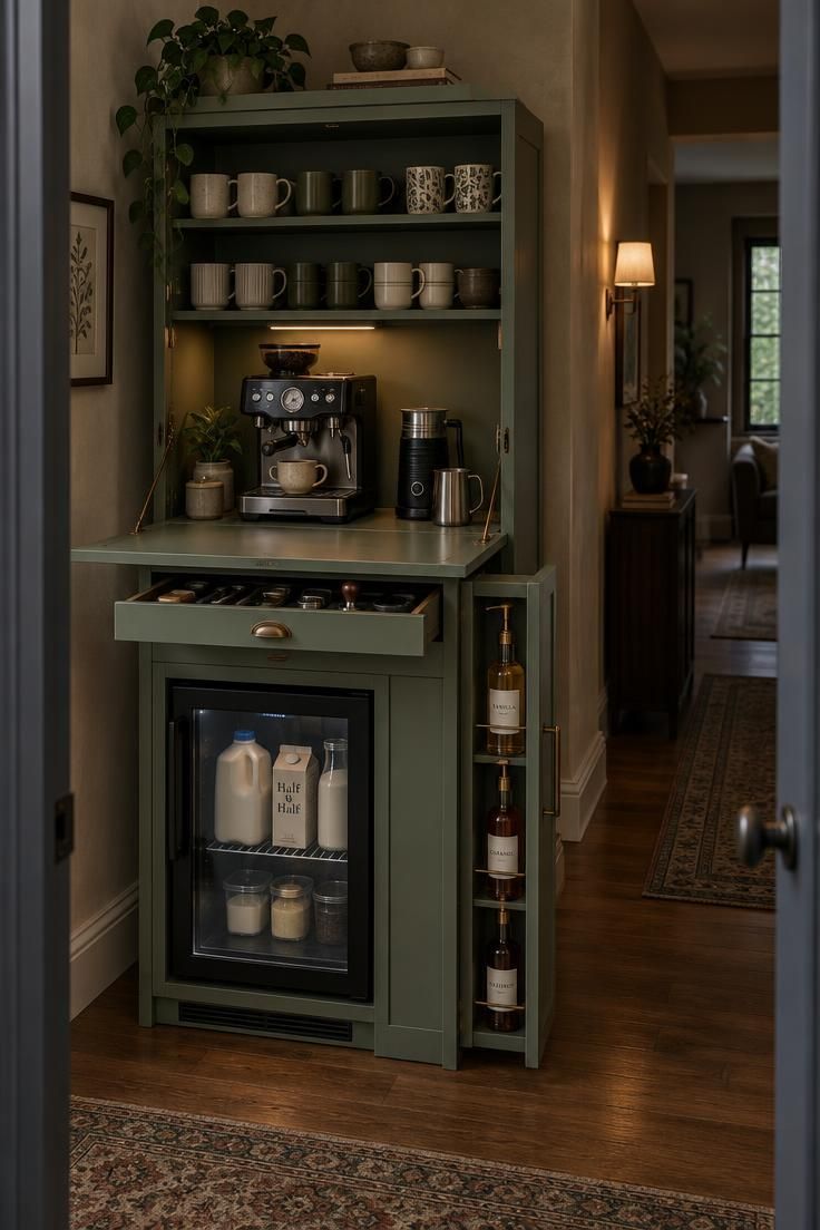 Tall matte sage green cabinet coffee station with fold-down door, espresso machine, mug shelves, syrup pullout, and under-counter cooler in moody light.