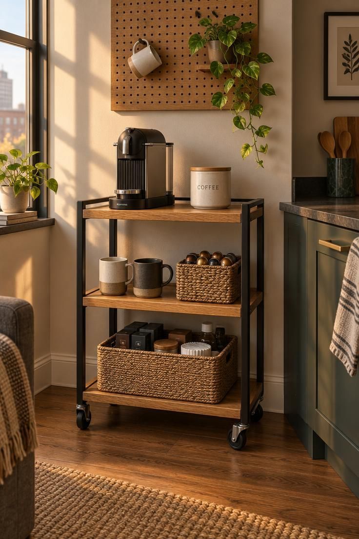 Wide view of an oak and black metal rolling coffee cart in a small apartment with three shelves of espresso gear, mugs, and backup supplies beneath a pegboard.