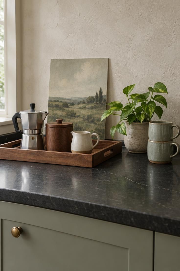 Styled countertop coffee tray with espresso maker, wooden canister, creamer, art print, and pothos on honed black granite, showing curated visibility with intentionally bare counter space in muted sage and cream.