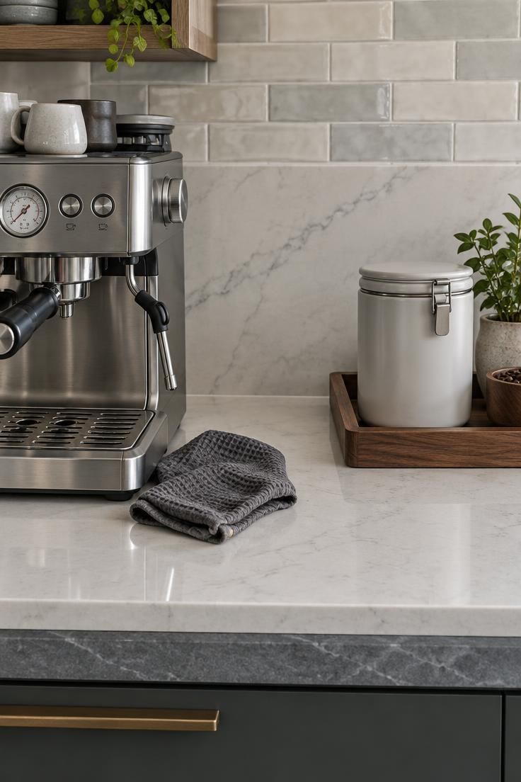 Close-up of wipeable coffee bar materials including quartz, porcelain slab, stainless steel, sealed wood, and a washable tile backsplash near a home espresso machine.