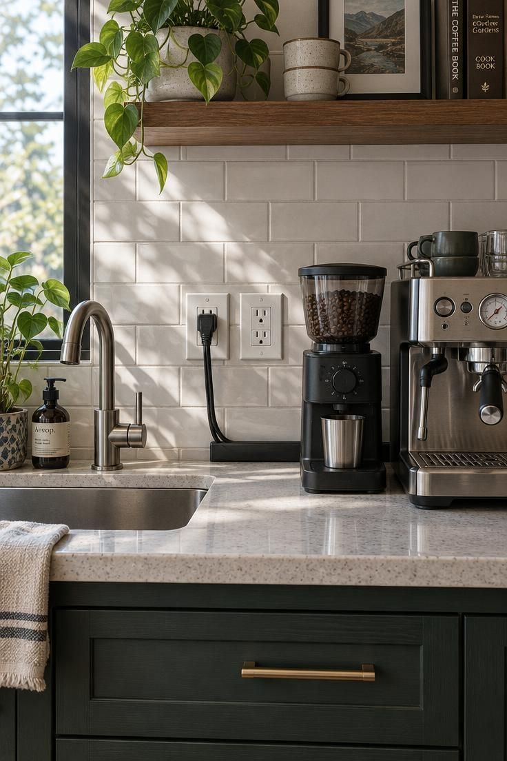 Close view of a home kitchen coffee station showing two wall outlets above the counter and a small sink beside the espresso machine, with cords gathered neatly near the backsplash.