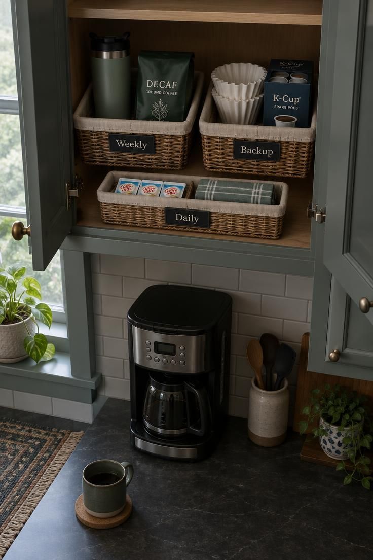 Overhead view of an open upper cabinet above a coffee maker with labeled Daily, Weekly, and Backup baskets showing a reorganized coffee routine with a travel mug, decaf grounds, filters, spare pods, creamer packets, and a folded cloth.