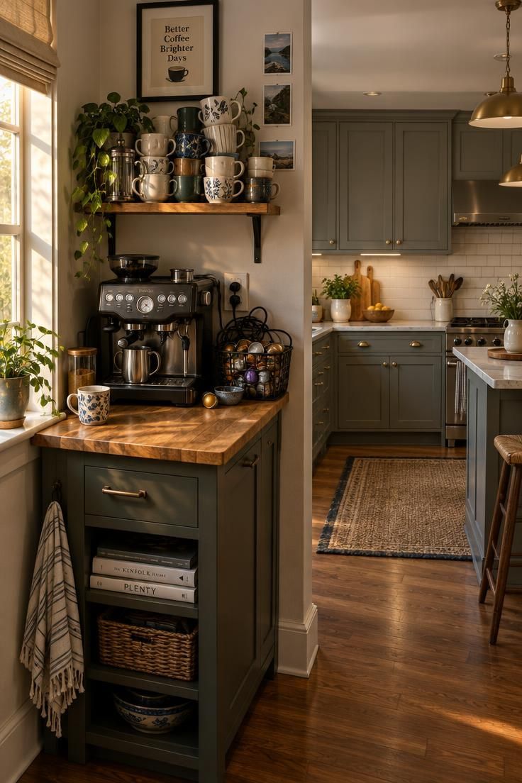 Wide view of a crowded home kitchen coffee corner with a brewer against the wall, stacked mugs, tangled cords, and a wire basket of pods beside tidier counters.