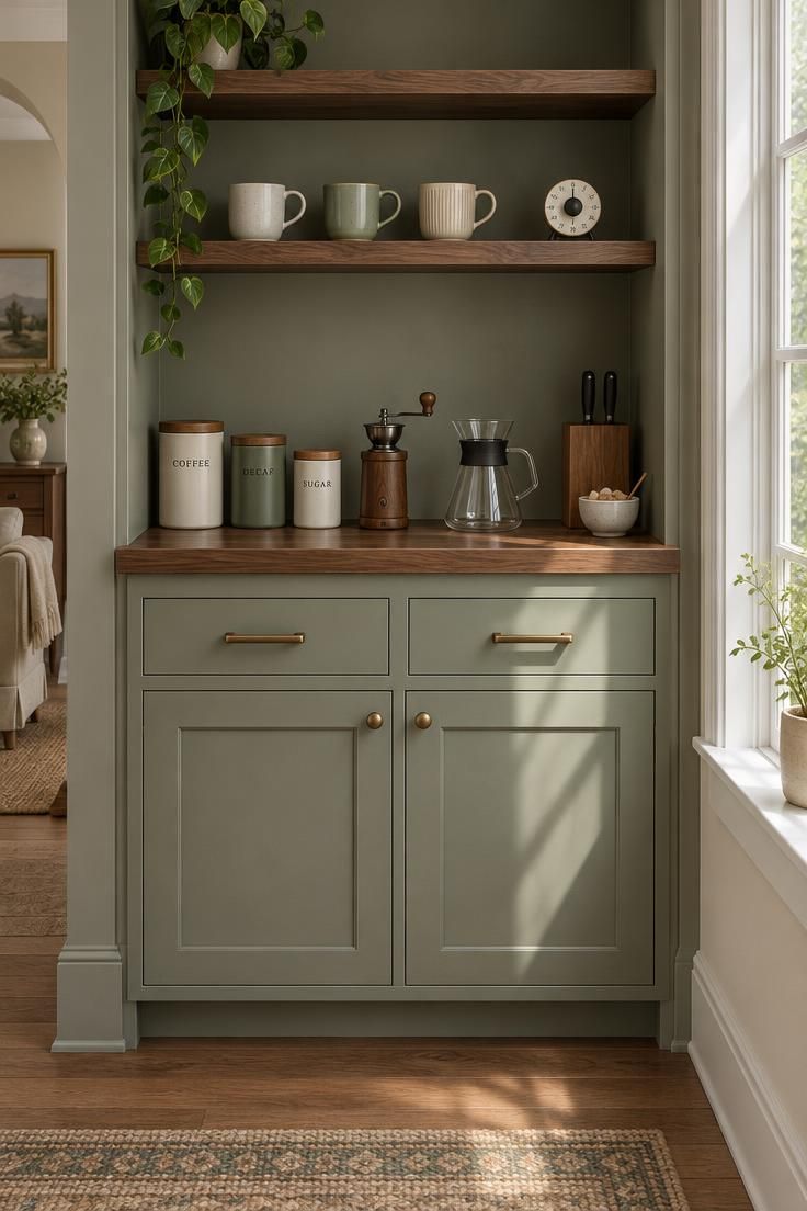 Simple Spaces 23 Residential inset cabinet coffee bar with canisters, hand grinder, carafe, mugs, and a timer on open shelves in cream, muted green, and walnut.