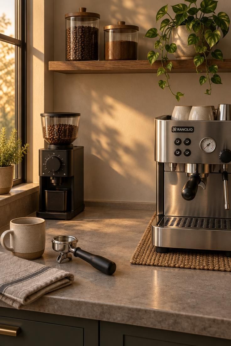 Close-up of a compact coffee bar setup with an espresso machine, burr grinder, open landing space with a mug and towel, and a wall shelf holding canisters and a small plant in warm golden light.