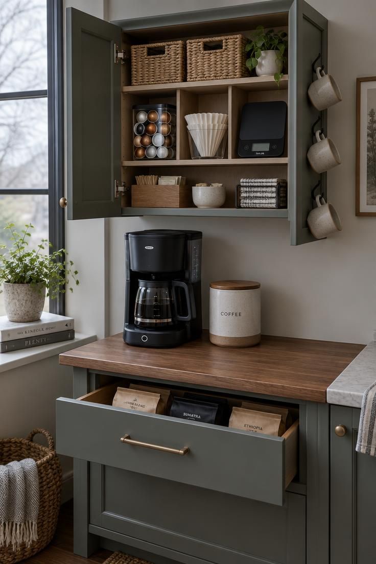 Eye-level view of a three-part coffee storage arrangement showing an open wall-mounted cabinet organizer with divided compartments for pods, filters, and a scale above a countertop coffee station with a drip brewer, a partly open lower drawer for backstock, and hanging mugs in cool overcast light.