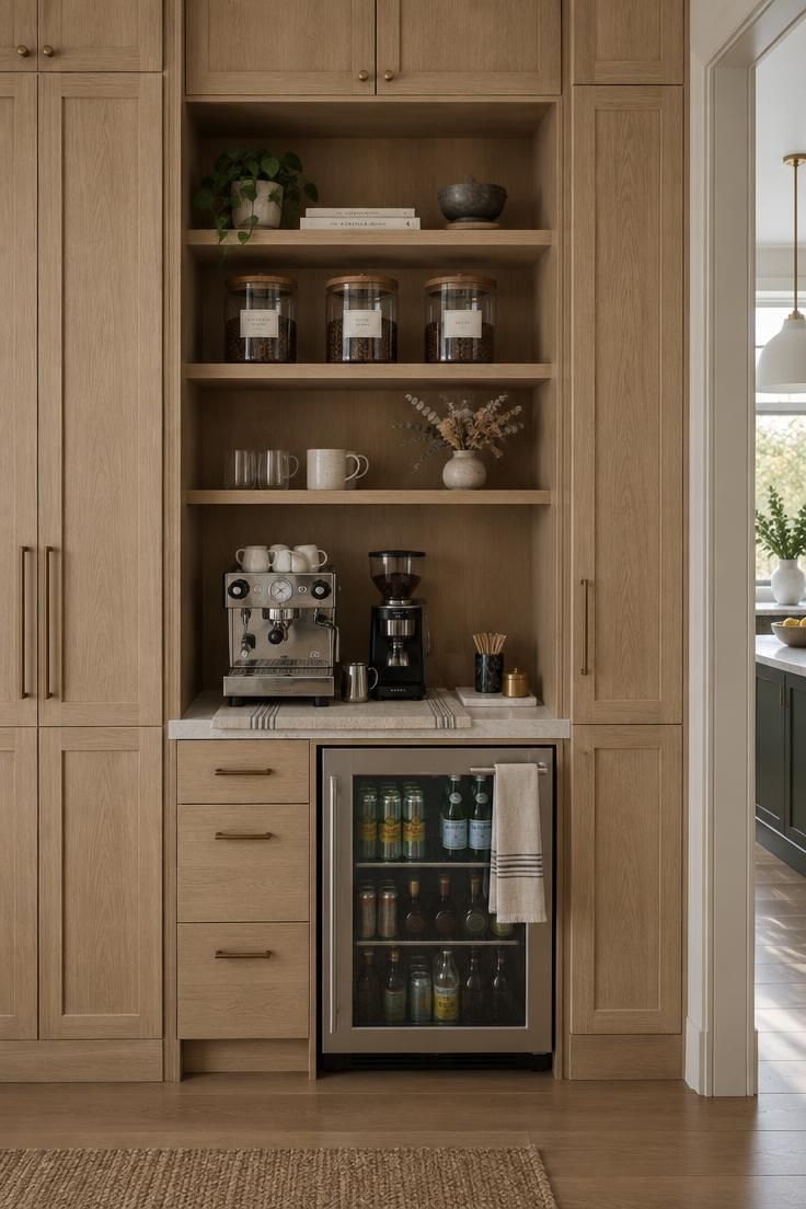 Wide view of a butler's pantry coffee area with white oak cabinets, quartz counter holding an espresso machine, under-counter beverage refrigerator, and open shelves with jars in soft diffused light.