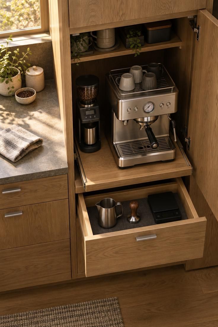 Overhead view of built-in coffee bar storage with an open appliance garage holding an espresso machine on a slide-out tray, a grinder, and a partially open drawer with a milk pitcher and tamper in warm light.
