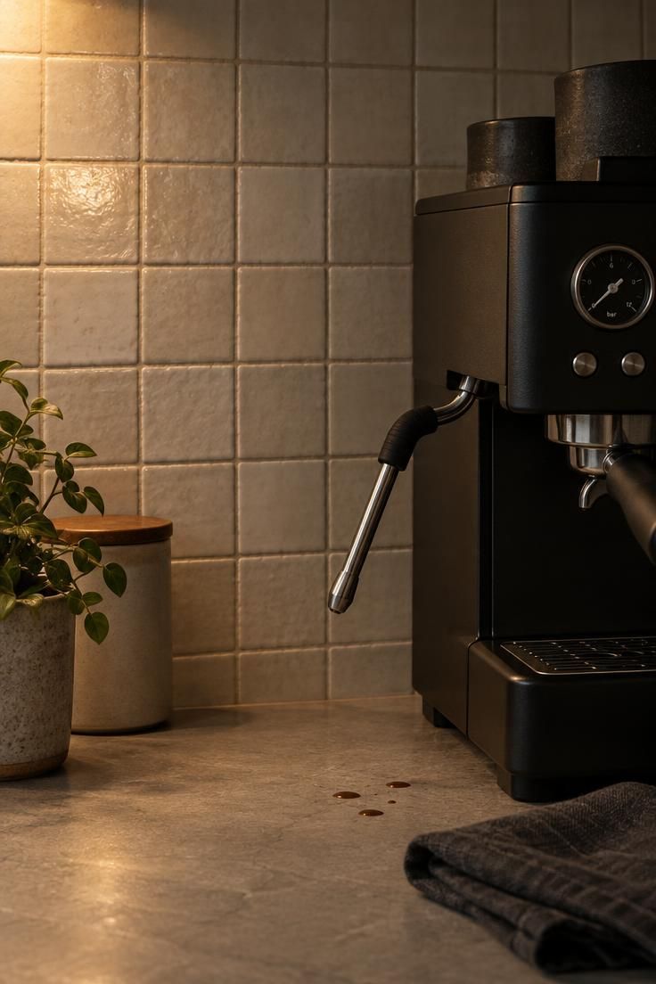 Close-up of a warm off-white square ceramic tile coffee bar backsplash behind a matte black espresso machine, with coffee droplets on the counter and grout line texture in moody low light.