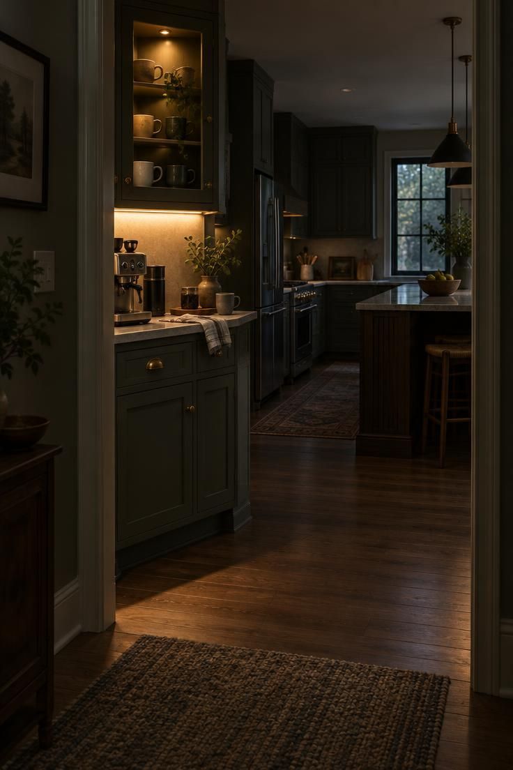 Threshold view from a dim hallway into a kitchen where a warm under-cabinet strip and interior cabinet light illuminate a coffee bar counter and a shelf of mugs in moody low light.