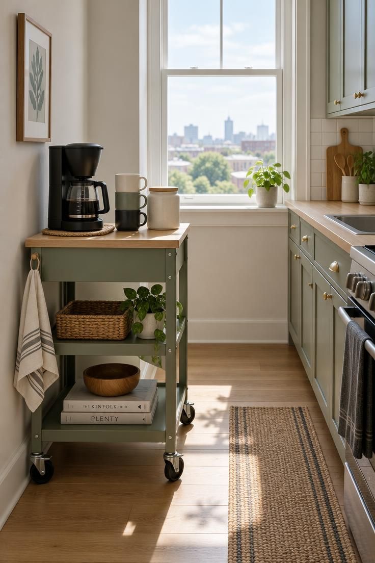 Eye-level view of a compact rolling cart coffee station in a small apartment kitchen, holding a drip brewer, stacked mugs, and a canister, with bright midday light and a mostly clear counter.