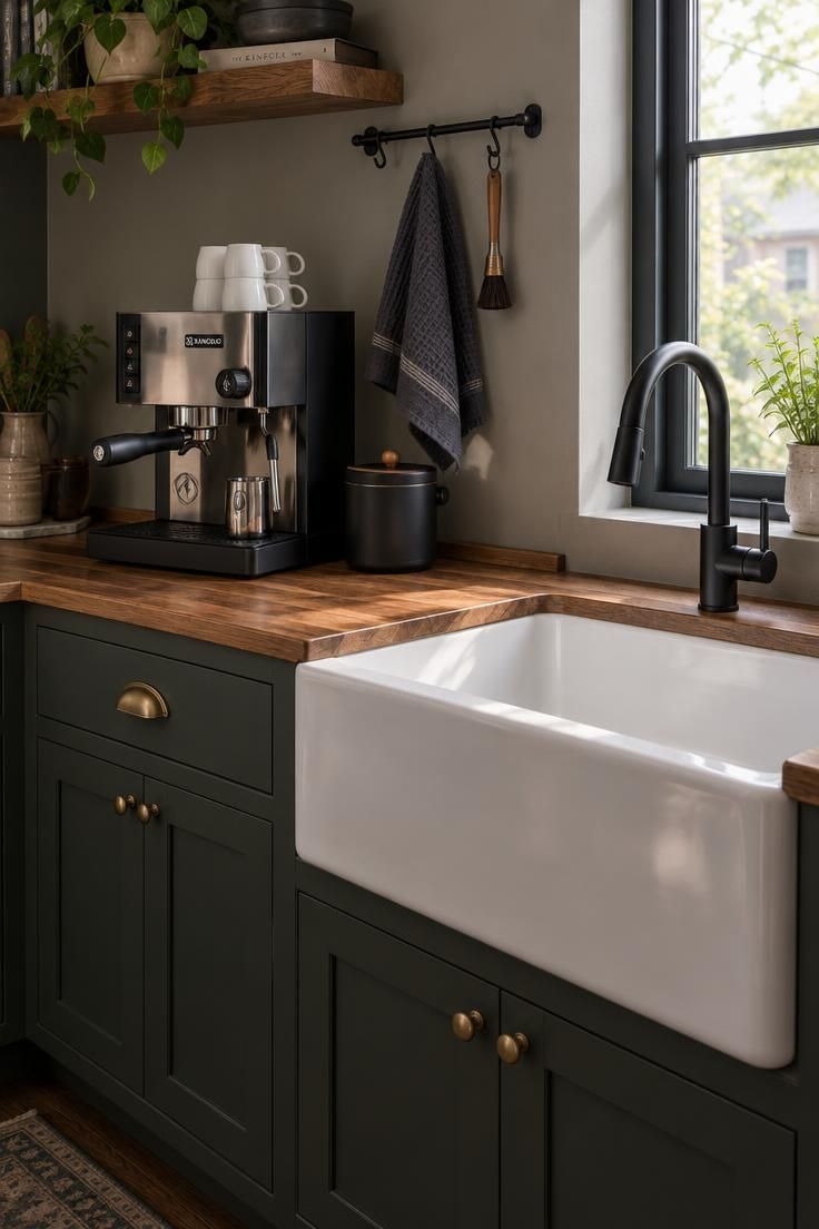 Kitchen coffee bar setup beside a white apron-front sink with a matte black faucet, wall-mounted towel hook, dark cotton towel, portafilter brush, wood counter, and compact espresso machine near a lidded grounds bin in soft morning light.